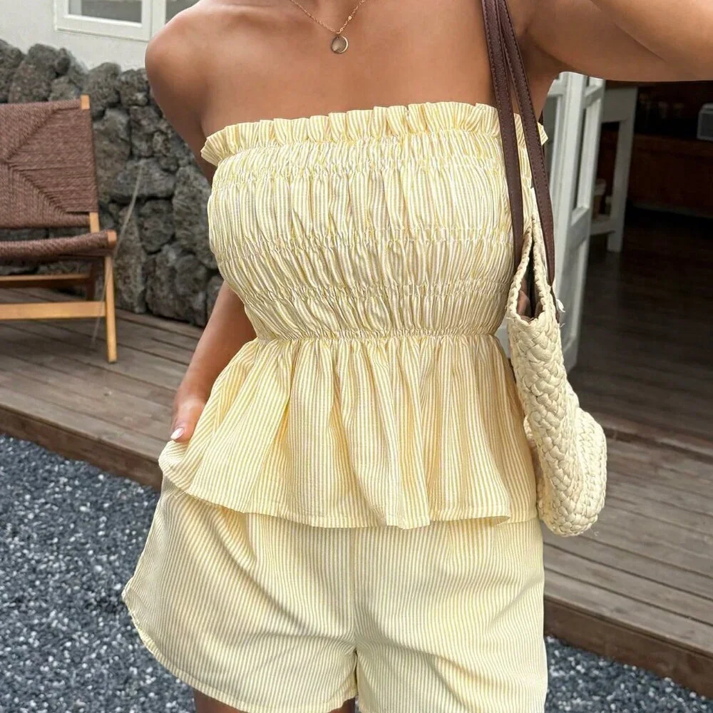 Yellow Boho Womens Striped tube Top And Shorts Set - Picture 5 of 11